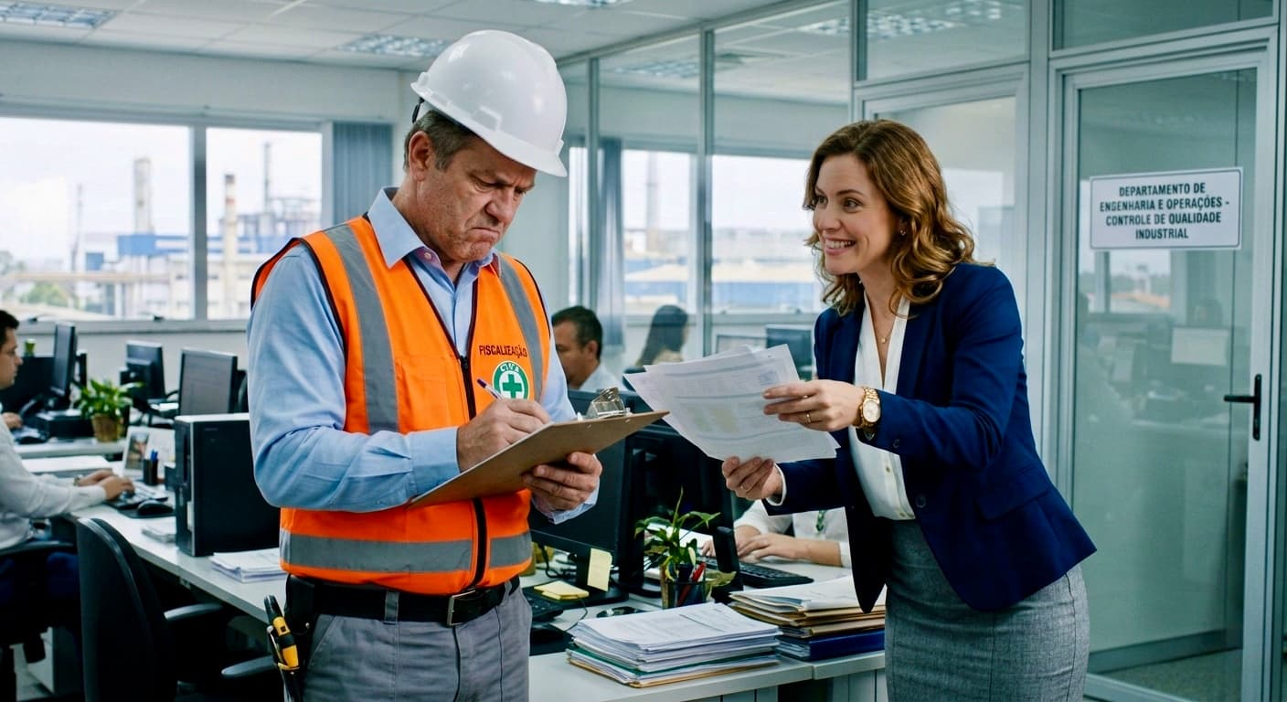 Imagem ilustrativa de uma fiscalização em empresa, com auditor conferindo documentos